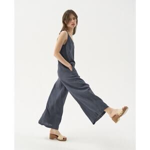 LinenID Dark Gray 100% Linen Wide Leg Adjustable Strap Jumpsuit Overall Large 44